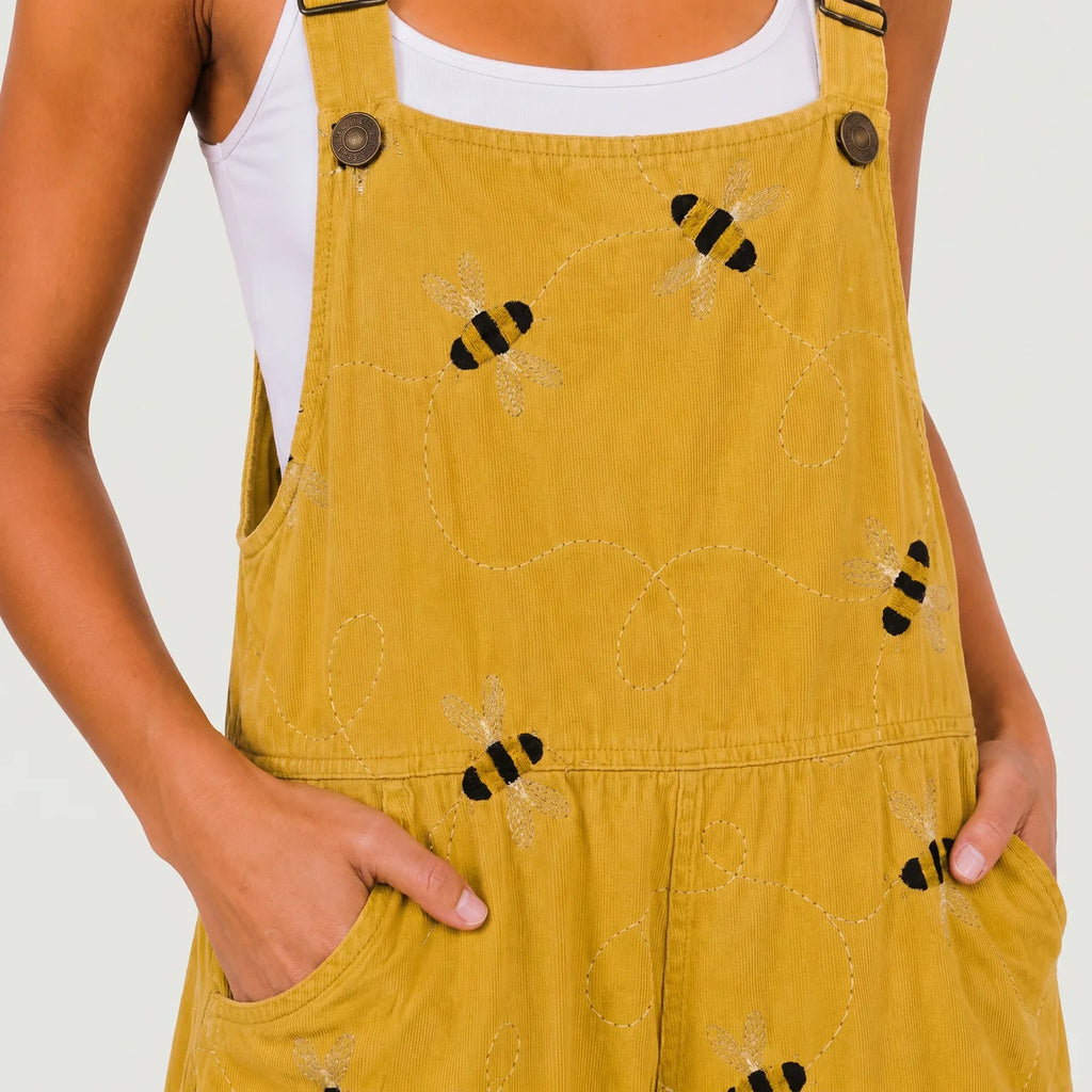 Close-up of yellow jumpsuit with bee print detail BELLA HUDSON