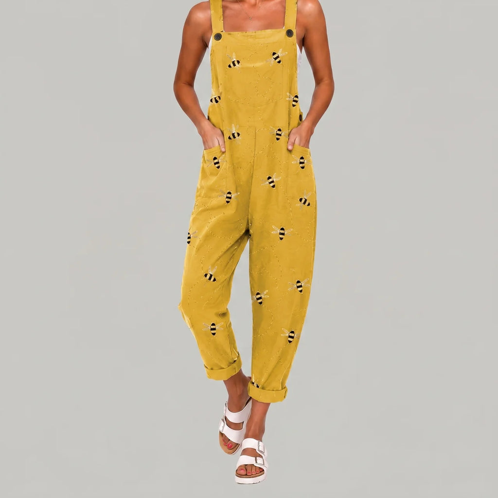 Yellow jumpsuit with bee print front view BELLA HUDSON