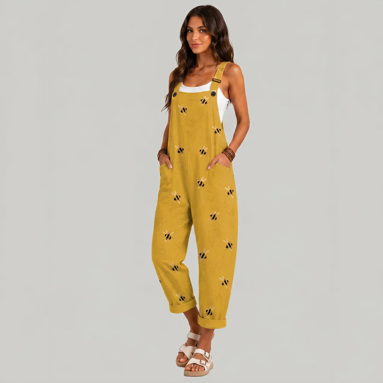 yellow jumpsuit with bee print full front view BELLA HUDSON