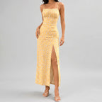 Front view of yellow floral slit maxi dress with spaghetti straps and fitted silhouette by BELLA HUDSON