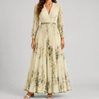 Front view of yellow floral V-neck maxi dress with flowy silhouette by BELLA HUDSON