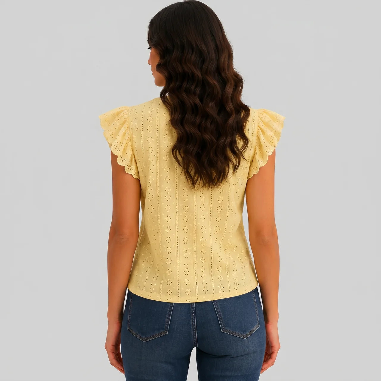 Back view of yellow ruffle sleeve knit top with button-front detail and V-neckline by BELLA HUDSON