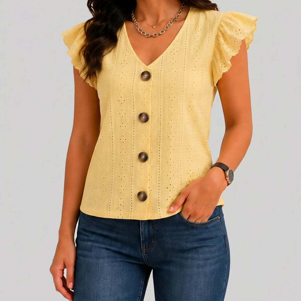 Front view of yellow ruffle sleeve knit top with button-front detail and V-neckline by BELLA HUDSON