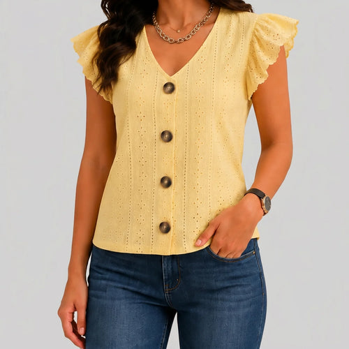 Front view of yellow ruffle sleeve knit top with button-front detail and V-neckline by BELLA HUDSON
