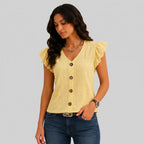 Side view of yellow ruffle sleeve knit top with button-front detail and V-neckline by BELLA HUDSON