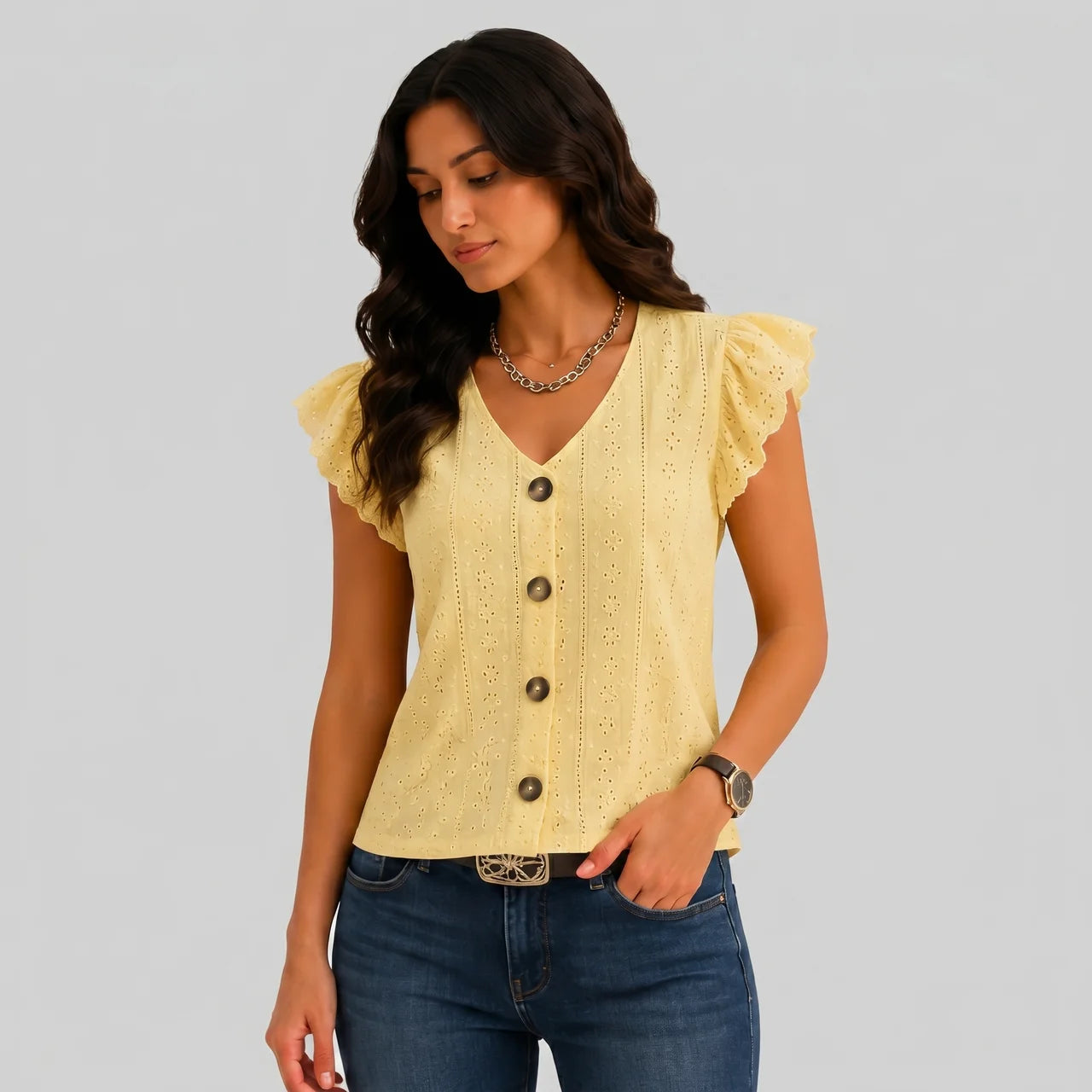 Side view of yellow ruffle sleeve knit top with button-front detail and V-neckline by BELLA HUDSON
