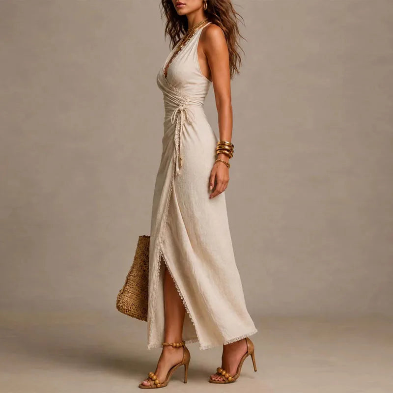 Ysolde halter high-slit wrap maxi dress, view 5