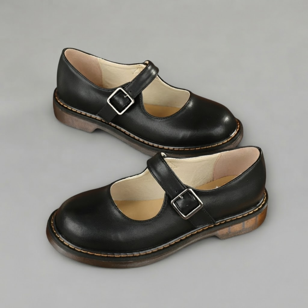 Front view of the Zayna Mary-Jane Flats Block Heels with Buckle Strap in Black featuring a classic closed-toe design, adjustable buckle strap, low block heel, and comfortable everyday fit by Bella Hudson.
